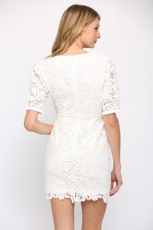 Lace Puff Sleeve Dress-White