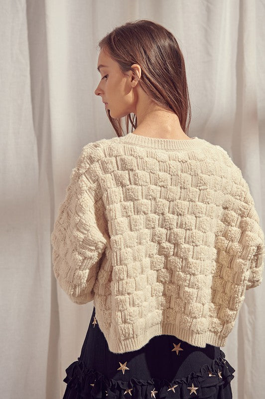 Textured Grid Crop Sweater- Ivory