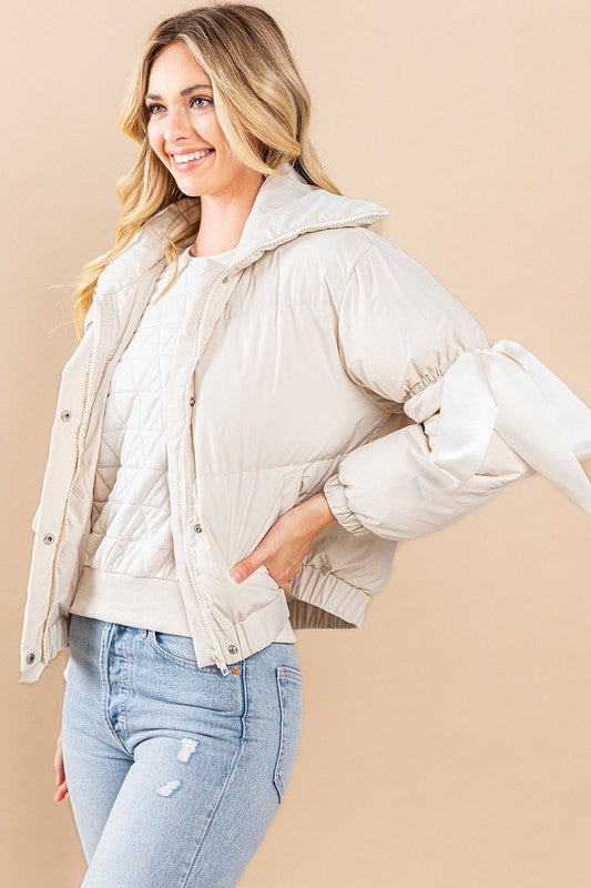 Satin Ribbon Detail Puffer Jacket- Cream