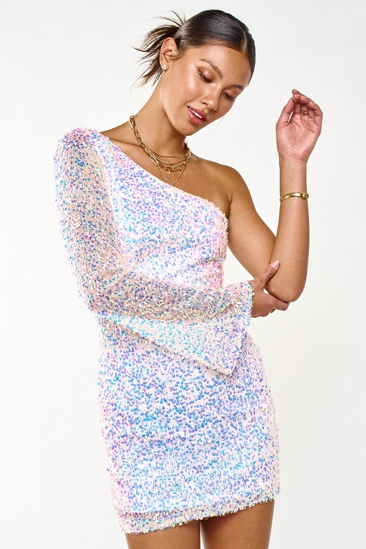 One Shoulder Sequin Dress-Blush