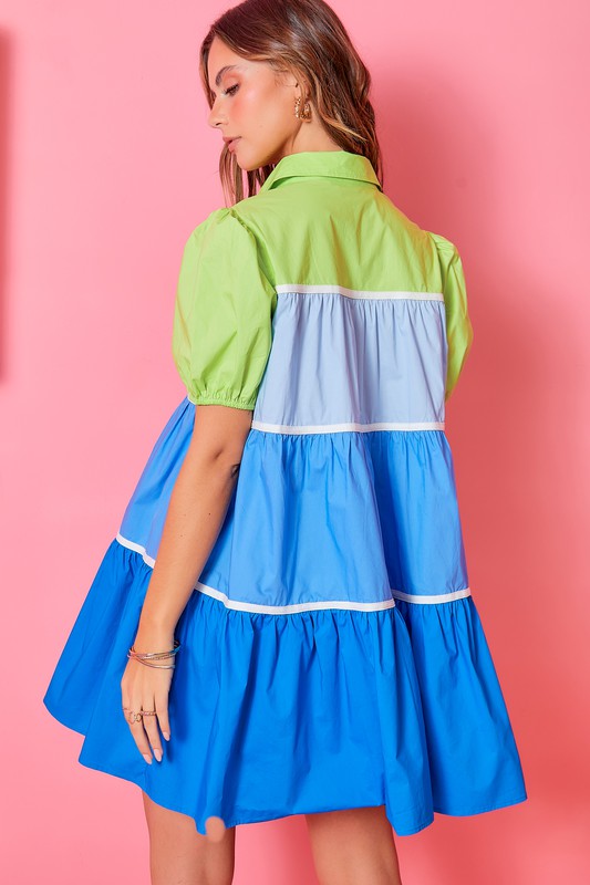 Color Block Button Down Shirt Dress- Blue
