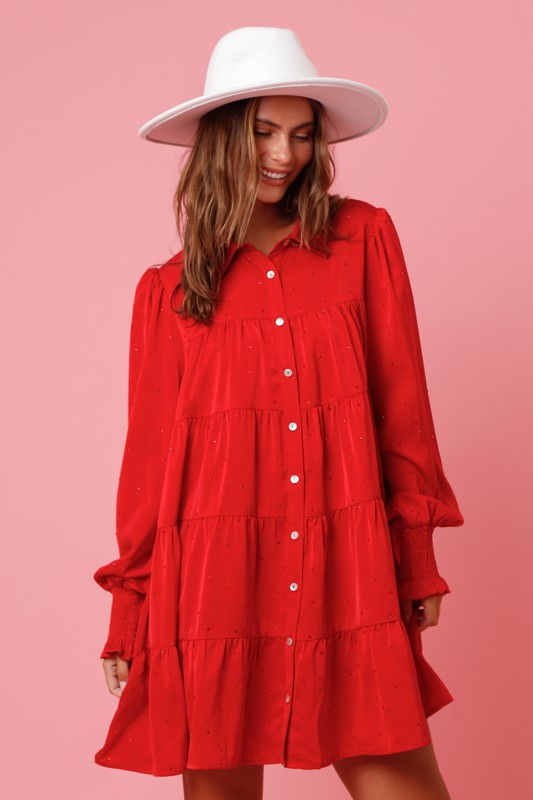 Red Rhinestone Button Down Shirt Dress