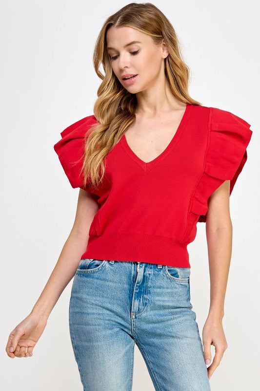 Pleated Cap Sleeve Sweater- Red