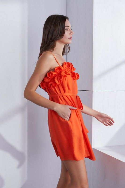 Ruffle Bodice Mini Dress-Bright Orange