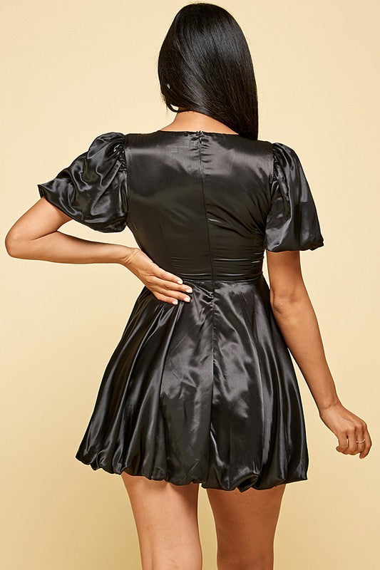 Satin Bubble Hem Mini Dress- Black