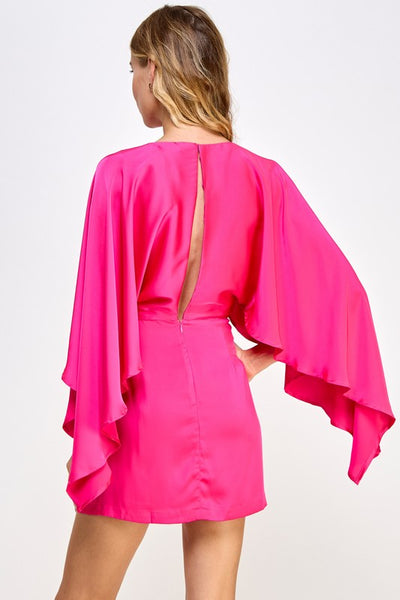 Cape Style Satin Mini Dress- Pink