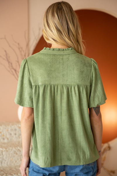 Bubble Sleeve Faux Suede Top- Soft Green