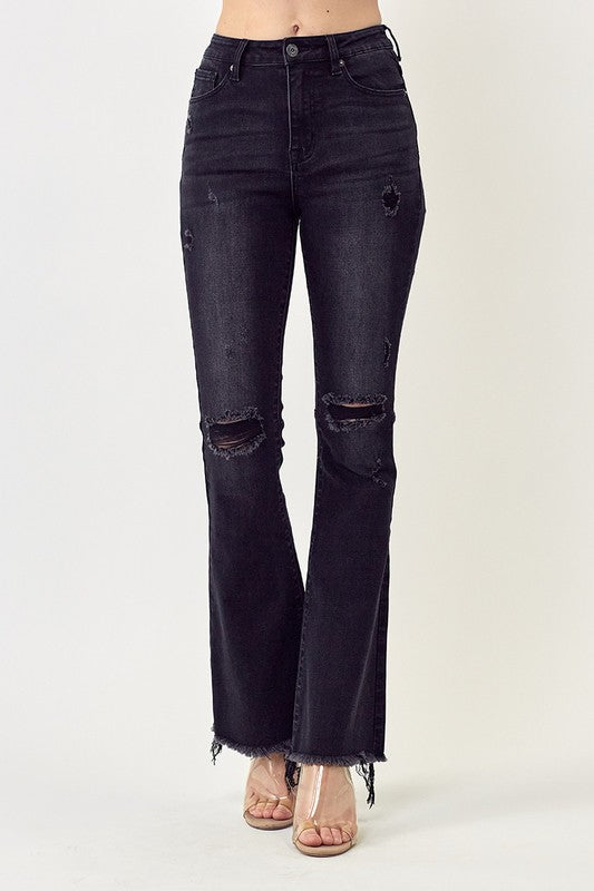 Black Distressed Raw Hem Flare by Risen