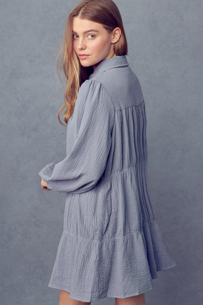 Long Sleeved Tiered Mini Dress-Cornflower Blue