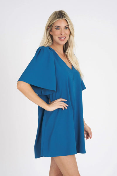 V-Neck Trapeze Dress-Royal