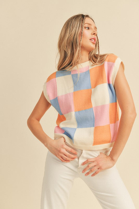Checkered Color Block Sweater Vest