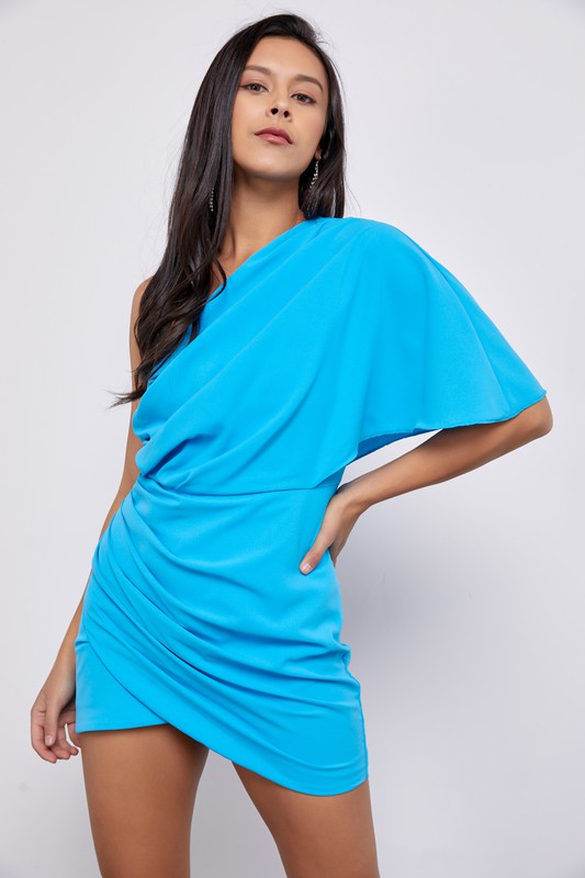 One Shoulder Wrap Dress- Summer Blue