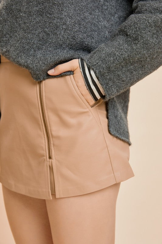 Zipper Detail Faux Leather Mini Skort- Taupe