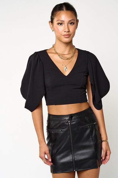 V Neck Pleated Sleeve Top- Black