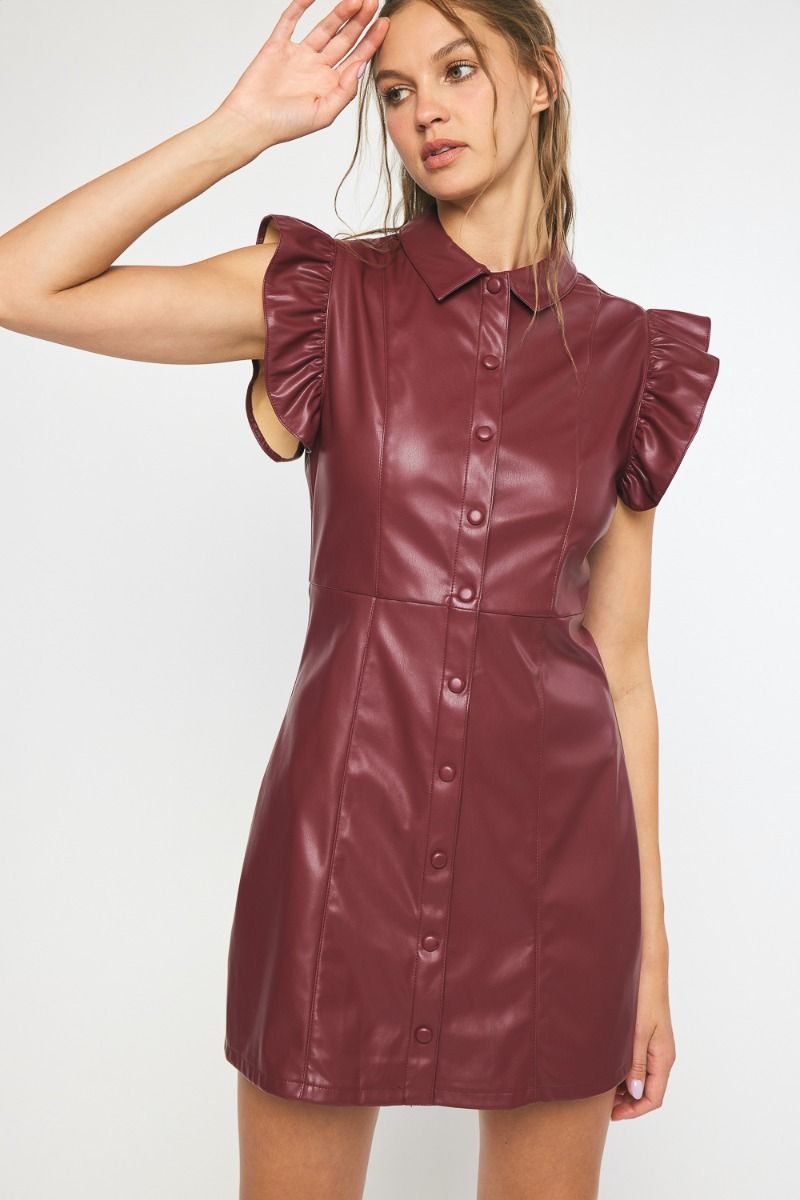 Ruffle Shoulder Faux Leather Mini Dress- Garnet