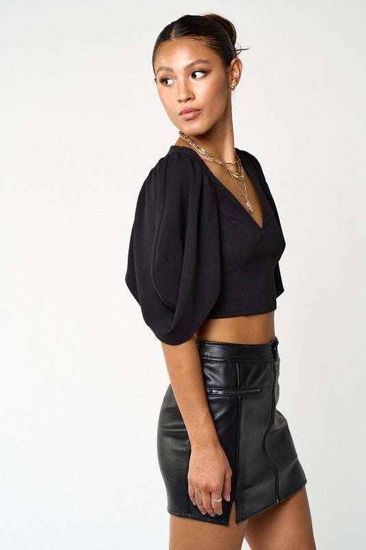 V Neck Pleated Sleeve Top- Black