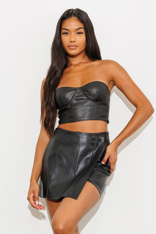Black Vegan Leather Wrap Skort
