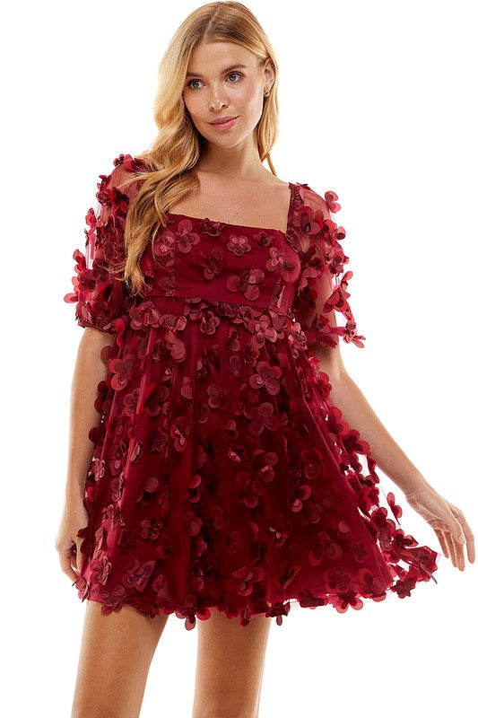 3D Floral Dress- Burgundy
