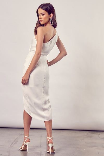 Satin One Shoulder Overlay Midi Dress-White