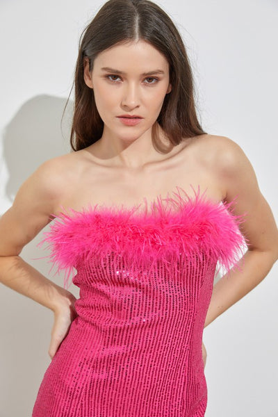 Hot Pink Sequin Dress with Feather Trim
