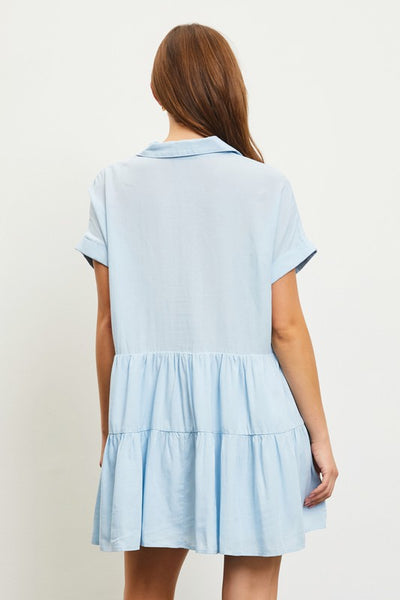Button Front Tiered Mini Dress- Chambray