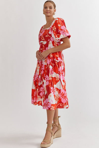 Pink and Red Floral Midi Dress