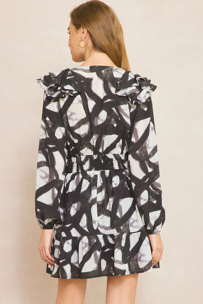 Shoulder Ruffle Detail Printed Dress