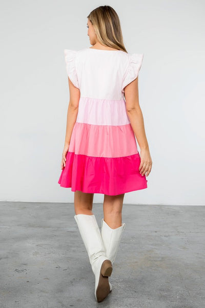 Poplin Color Blocked Dress- Pink