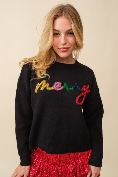 MERRY Multi Colored Tinsel Sweater- Black
