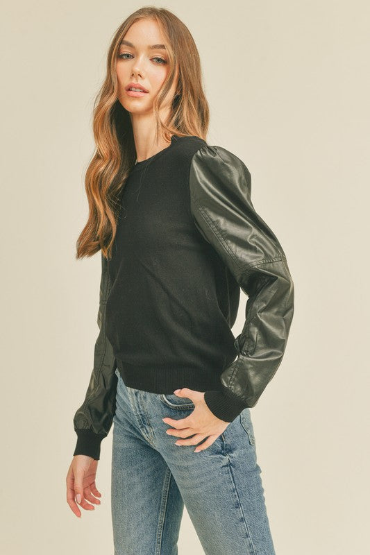 Faux Leather Sleeve Sweater- Black