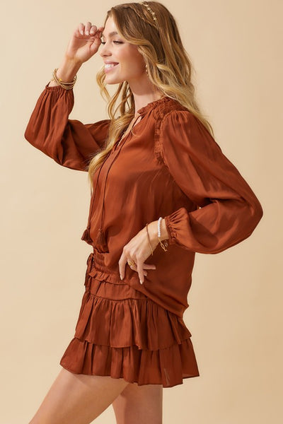 Satin Long Sleeve top with Smocked Detail-Chocolate Brown