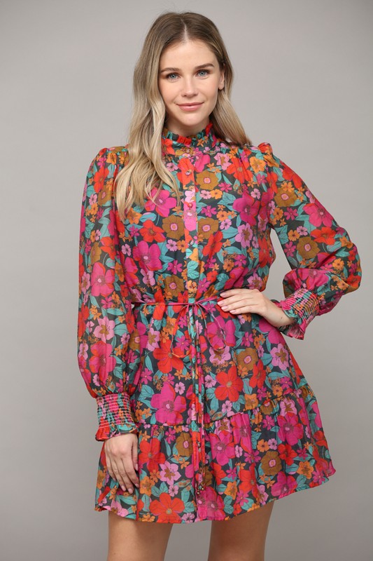 Deep Tone Floral Long Sleeve Dress by Fate