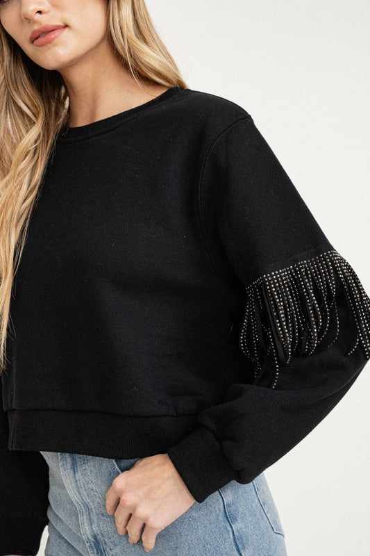 Embellished Fringe Cropped Sweatshirt- Black