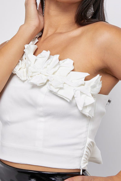 One Shoulder Rosette Trim Top- White