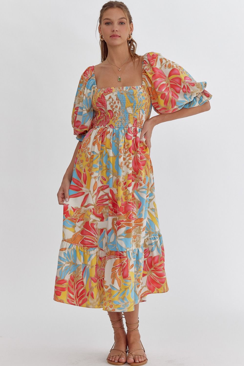 Tropical Print Midi Dress- Pink/Blue Combo
