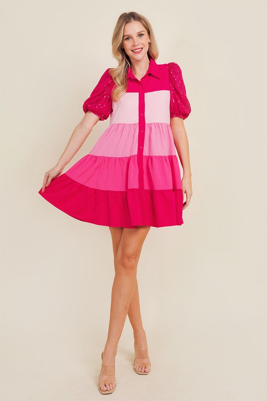 Pink Color Blocked Shirt Dress With Sequin Sleeves