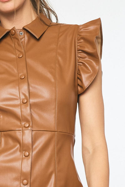 Ruffle Shoulder Faux Leather Mini Dress- Brown