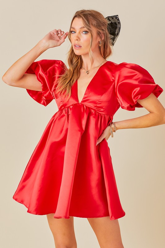Satin Bubble Sleeve Babydoll Dress- Red