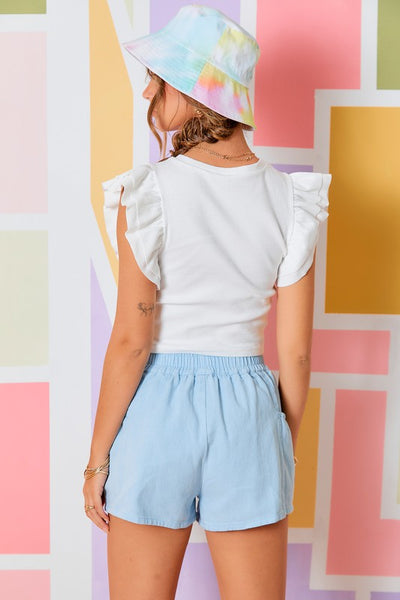 Ruffled Sleeve Ribbed Crop Top- White