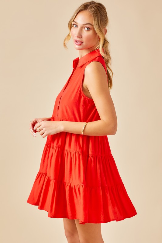 Tiered Button Down Dress- Flame Red