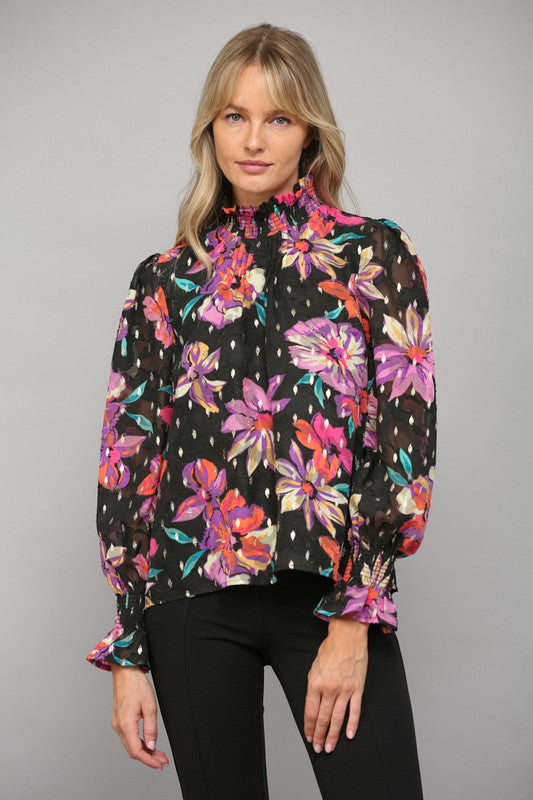 Floral Chiffon High Neck Top- Black Multi