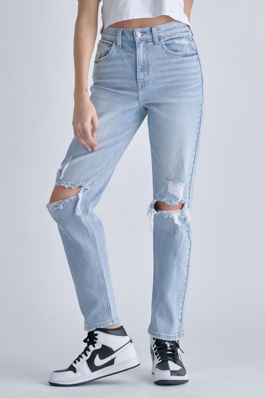 Distressed Knee High Rise Straight Jean