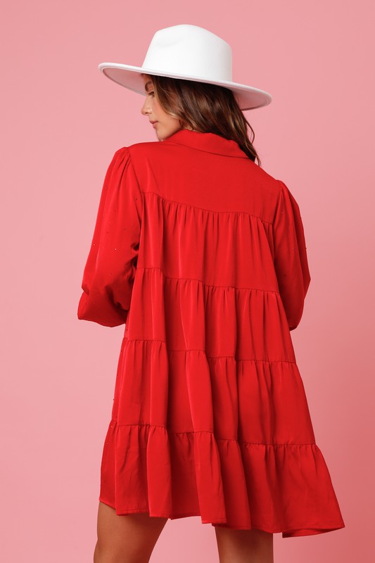 Red Rhinestone Button Down Shirt Dress