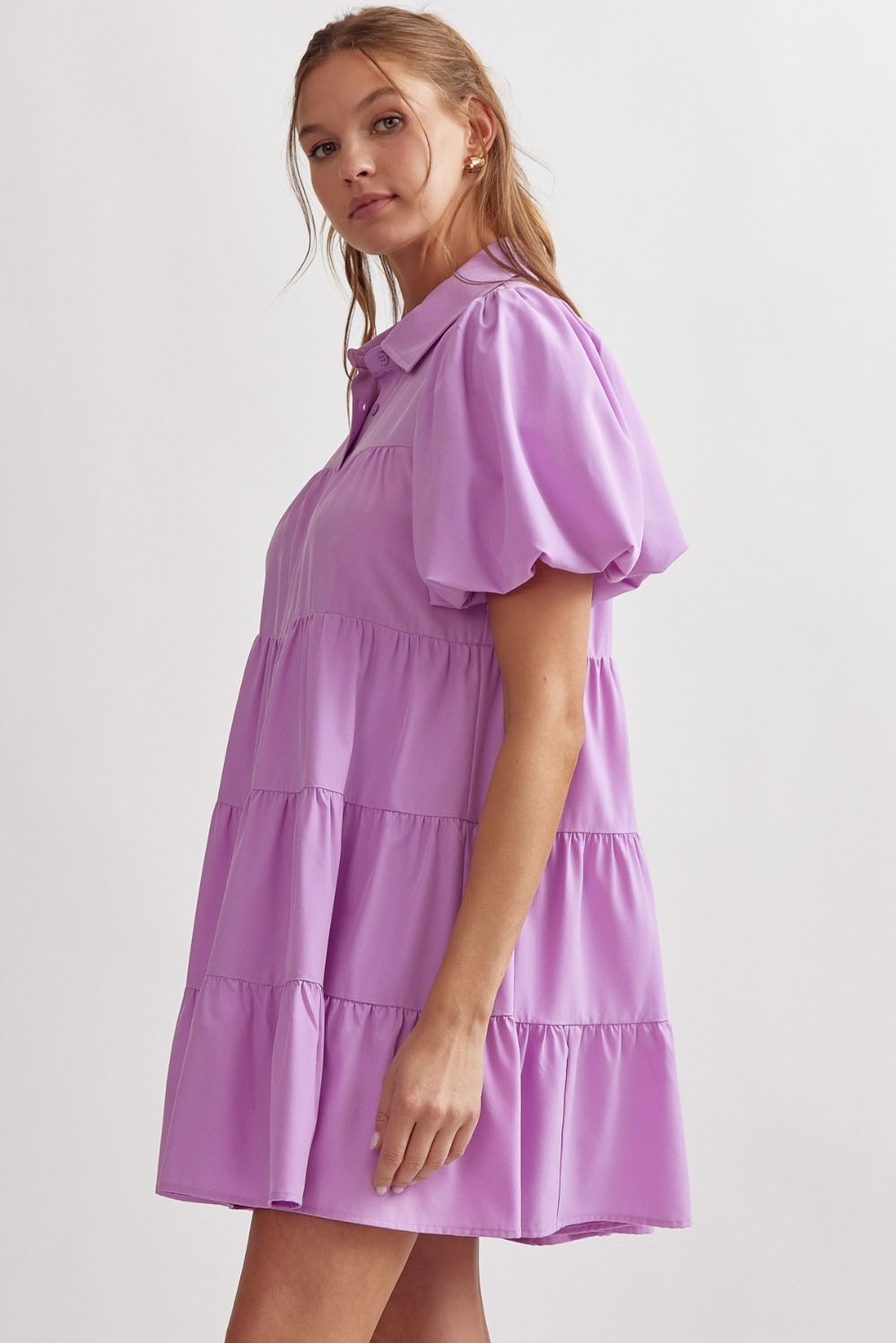 Button Up Tiered Mini Dress- Lavender